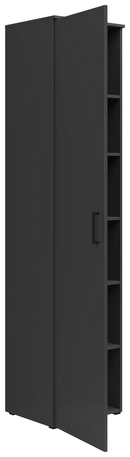 Schwarzer Mehrzweckschrank mit geöffneter Tür, seitliche Perspektive, zeigt mehrere Regalfächer.