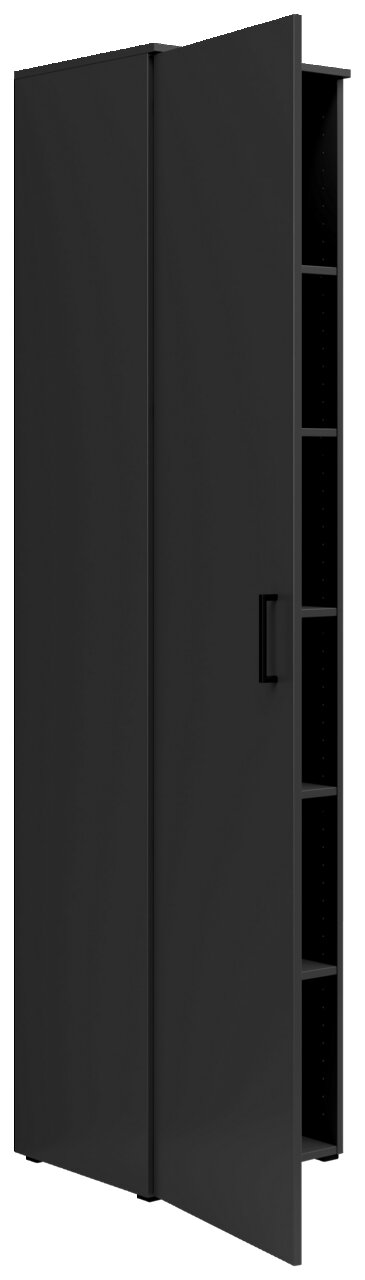 Schwarzer Mehrzweckschrank mit geöffneter Tür, seitliche Perspektive, zeigt mehrere Regalfächer.