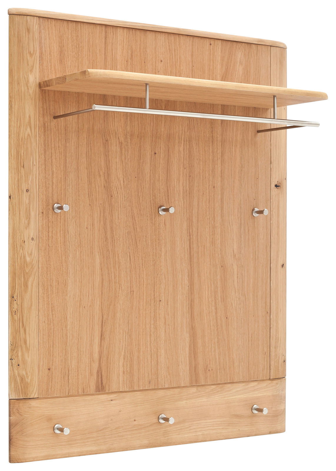 Garderobenpaneel aus Holz mit mehreren Haken und einer Ablage, seitliche Perspektive