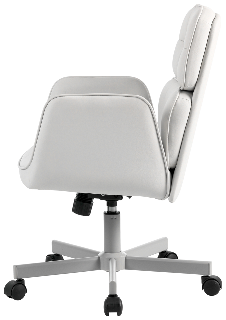 Moderner weißer Drehstuhl in Seitenansicht mit gepolsterter Rückenlehne und Sitzfläche, auf Rollen.