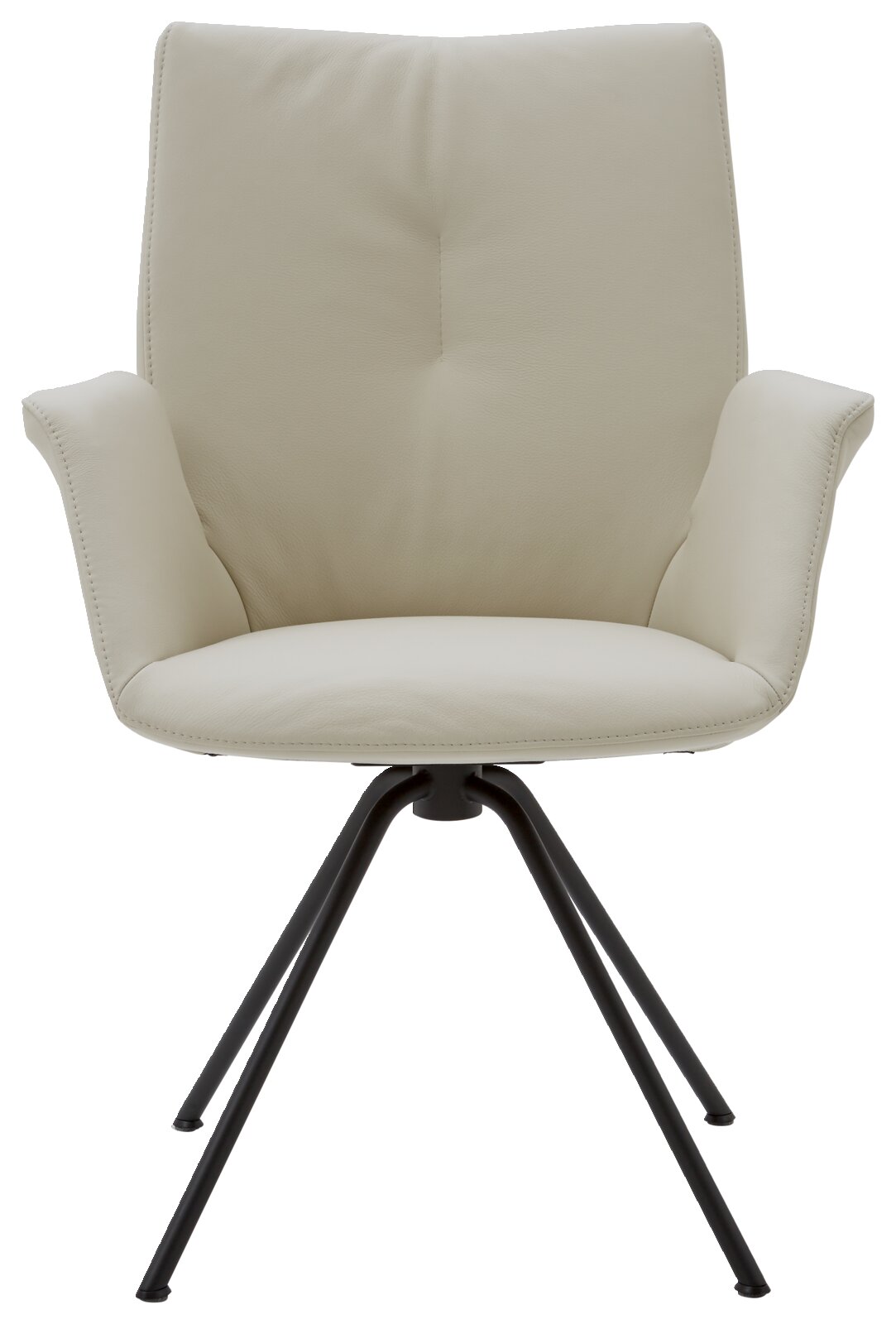 Moderne crèmekleurige fauteuil met zwarte metalen poten, vooraanzicht