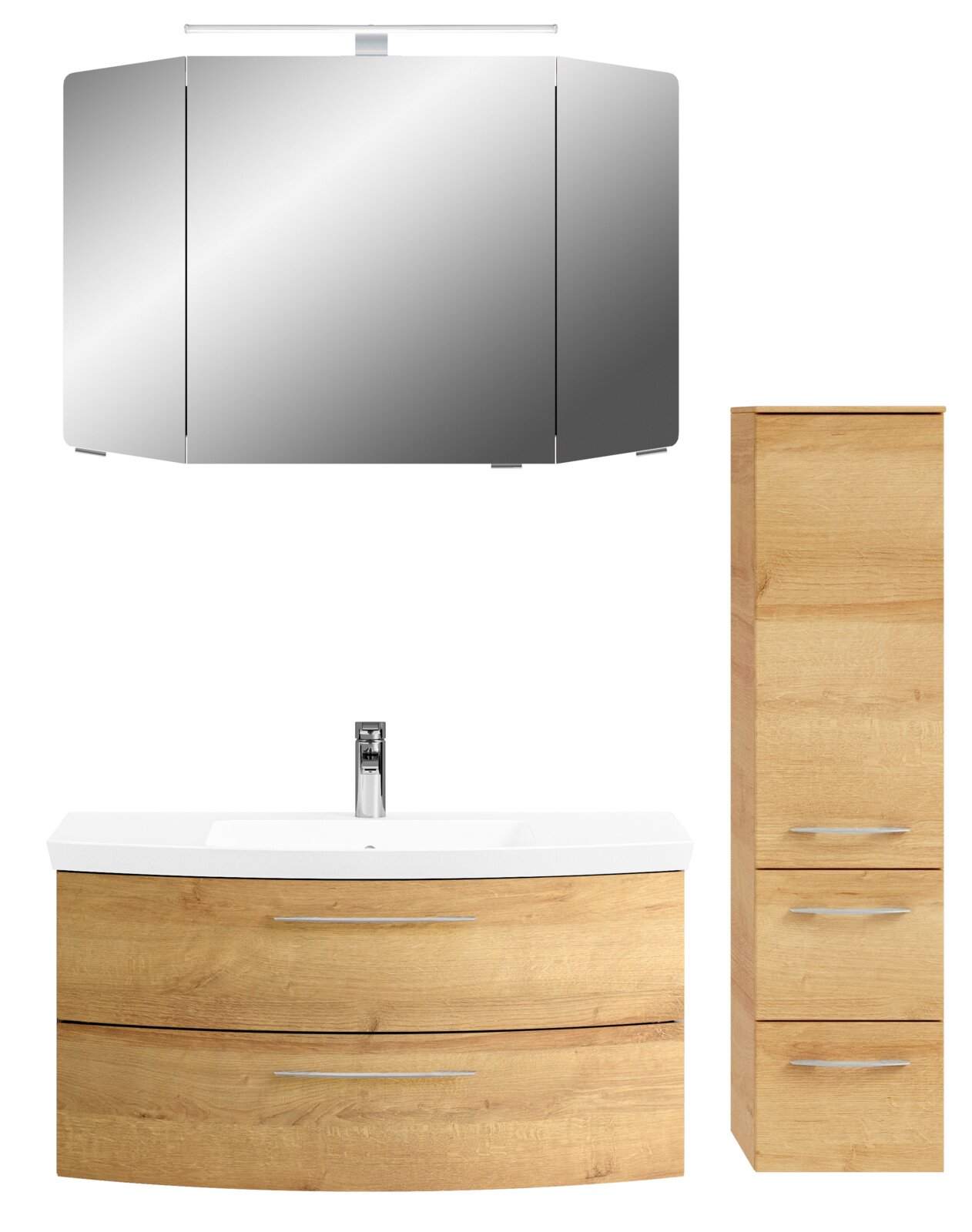 Moderne Badkombination mit Spiegelschrank, Waschbeckenunterschrank und Hochschrank in Holzoptik, frontale Ansicht