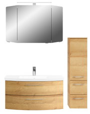 Moderne Badkombination mit Spiegelschrank, Waschbeckenunterschrank und Hochschrank in Holzoptik, frontale Ansicht