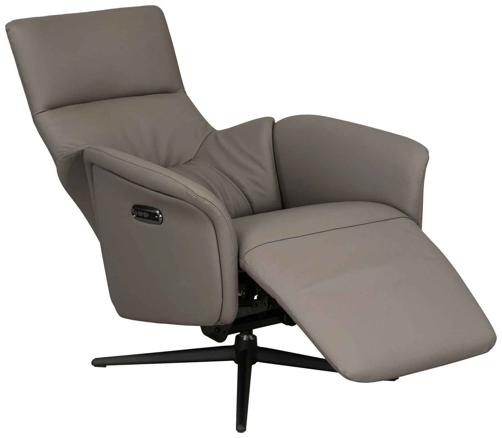 Bequemer Relaxsessel in seitlicher Perspektive mit verstellbarer Rückenlehne und Fußstütze, modernes Design in grauem Leder.