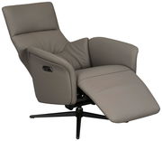 Bequemer Relaxsessel in seitlicher Perspektive mit verstellbarer Rückenlehne und Fußstütze, modernes Design in grauem Leder.