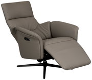 Bequemer Relaxsessel in seitlicher Perspektive mit verstellbarer Rückenlehne und Fußstütze, modernes Design in grauem Leder.