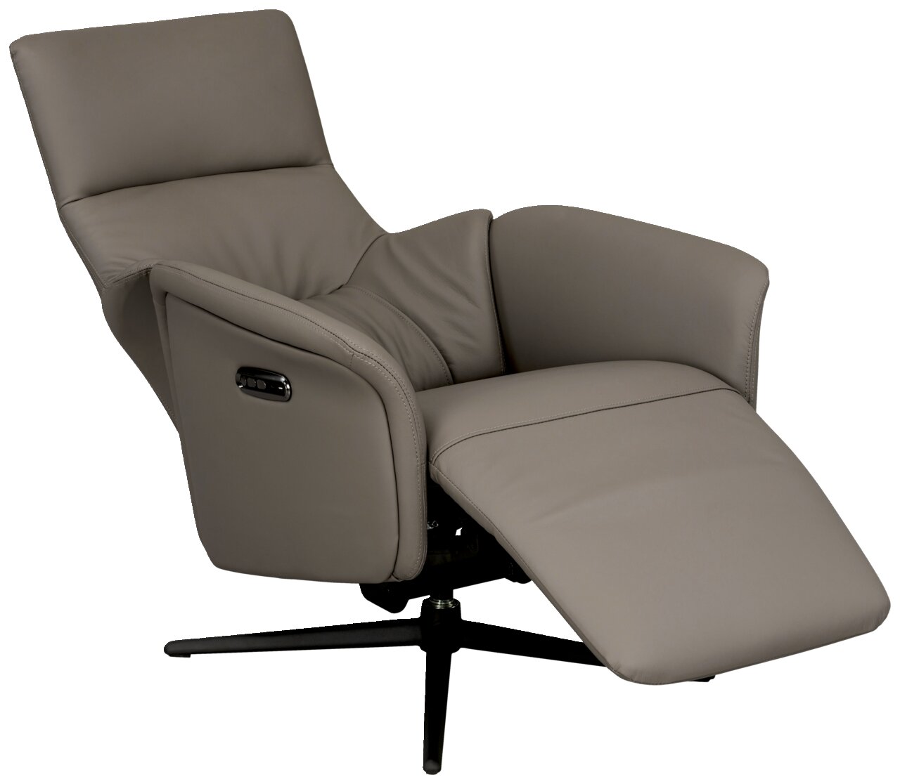 Bequemer Relaxsessel in seitlicher Perspektive mit verstellbarer Rückenlehne und Fußstütze, modernes Design in grauem Leder.
