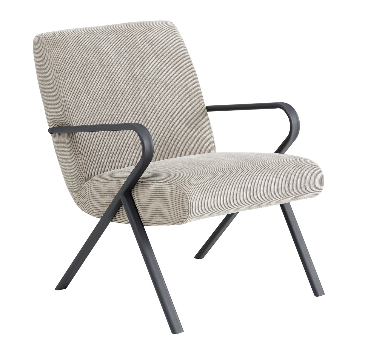 Moderne fauteuil met grijze stoffen bekleding en zwarte metalen poten, zijaanzicht