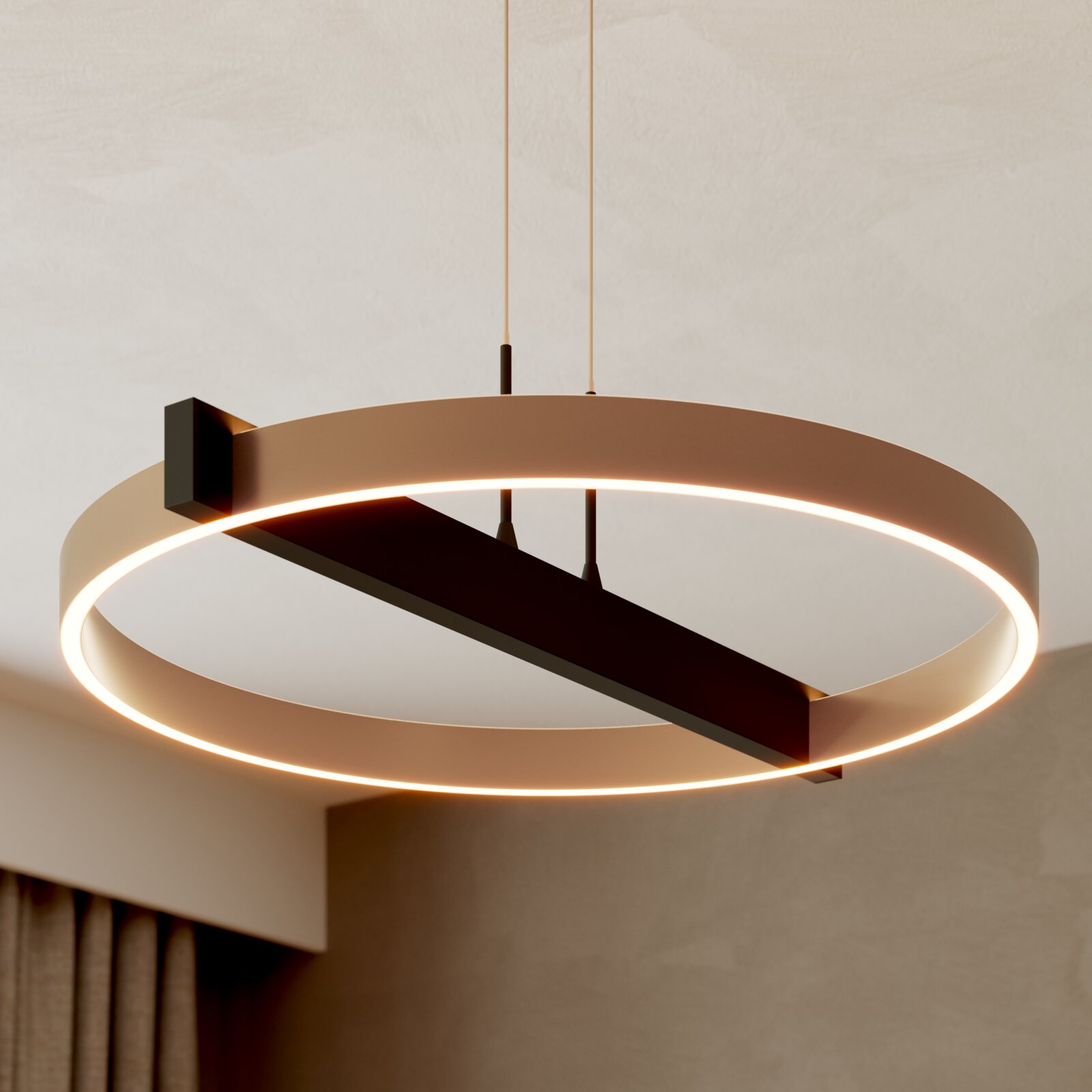 Moderne ronde LED-hanglamp in bronskleurig metaal met warmwit licht, schuin van onderen bekeken in een stijlvol interieur
