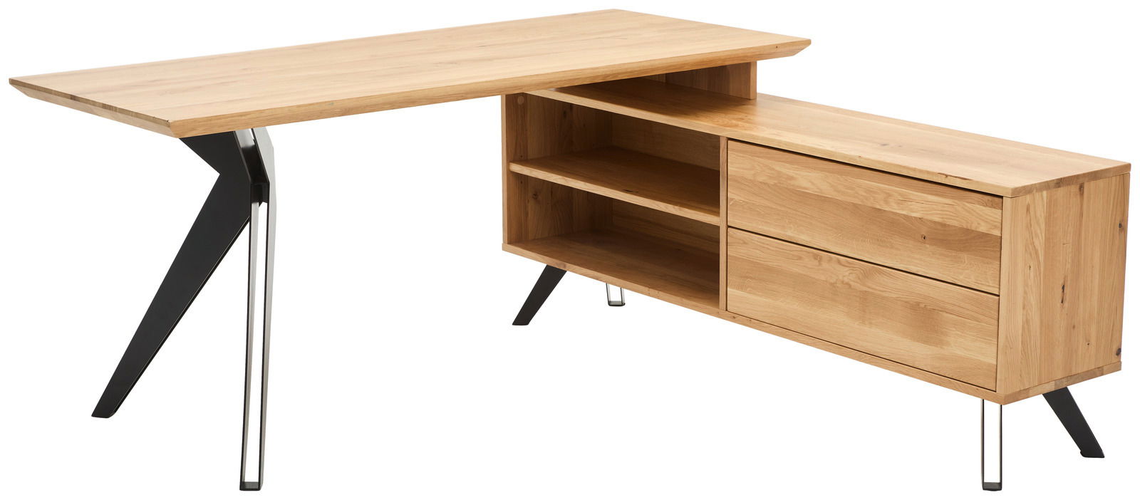 Moderner Eck-Schreibtisch aus Holz mit Metallbeinen, seitliche Perspektive