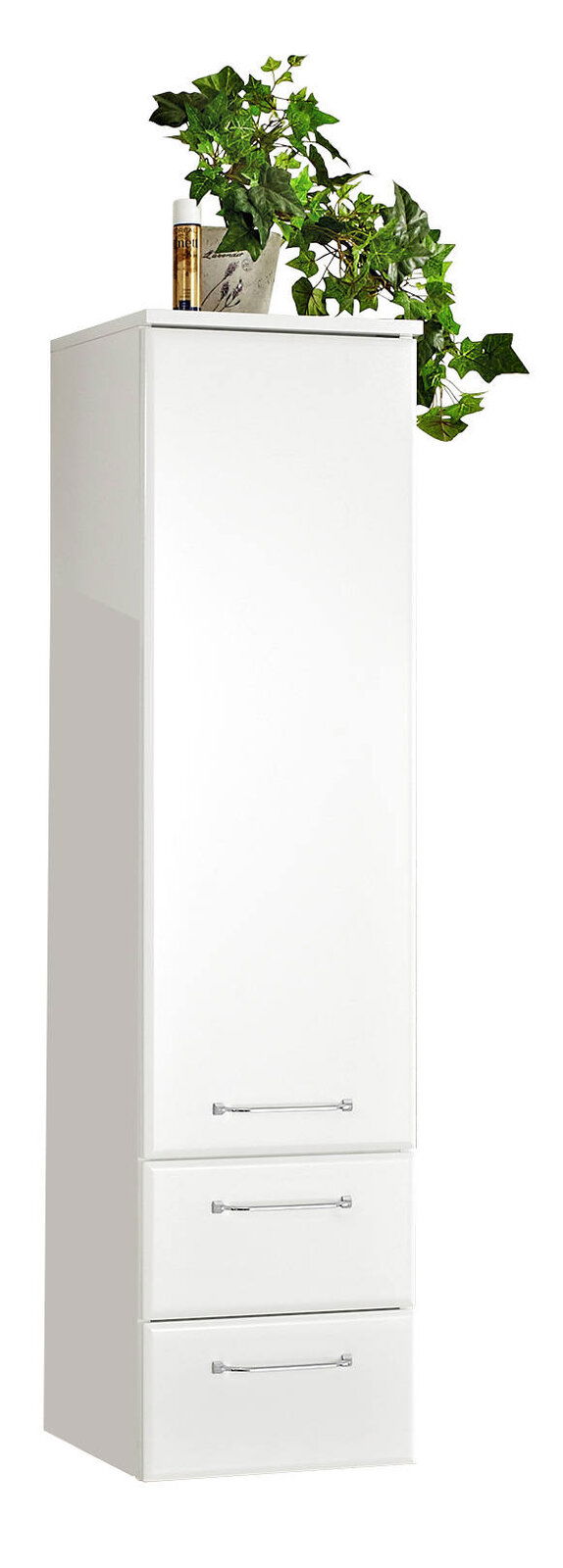 XORA Midischrank FILO Weißer Midischrank mit drei Schubladen, dekoriert mit einer Pflanze und einer Flasche auf der Oberseite, seitliche Perspektive