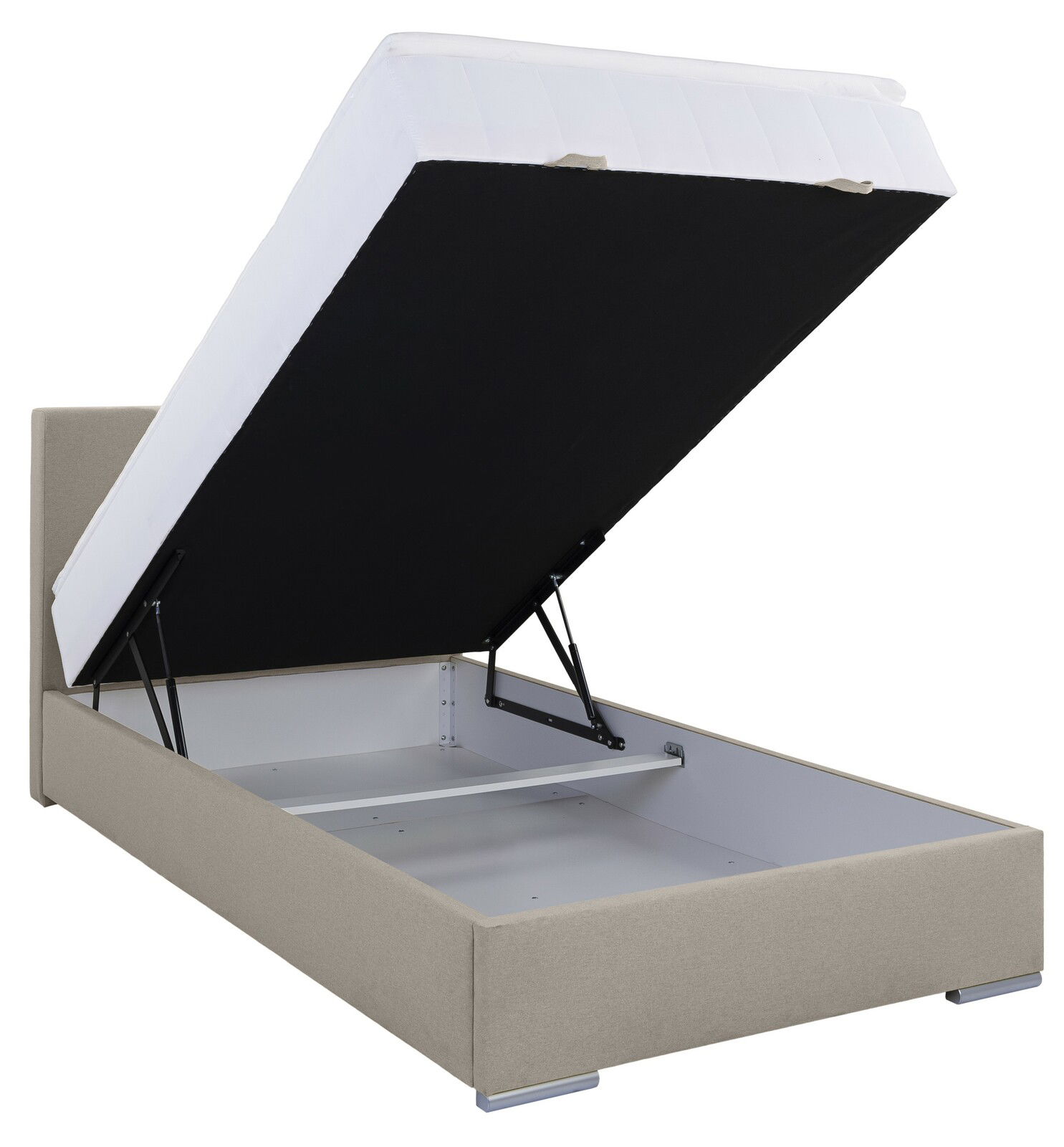 Boxbett 120 mit geöffnetem Stauraum, seitliche Perspektive
