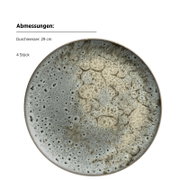 Runder, graubeiger Keramik-Speiseteller mit gesprenkelter, reaktiver Glasur, Durchmesser 29 cm, Set mit 4 Stück, Draufsicht (Top-Down) auf weißem Hintergrund