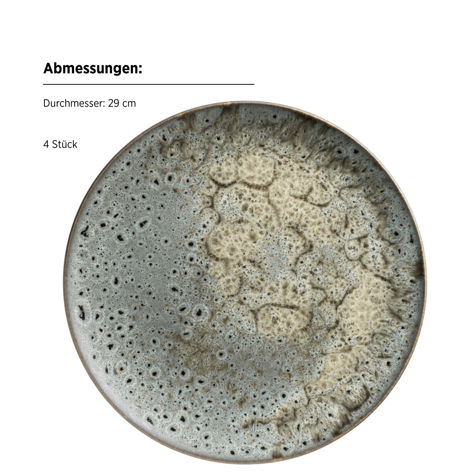 Runder, graubeiger Keramik-Speiseteller mit gesprenkelter, reaktiver Glasur, Durchmesser 29 cm, Set mit 4 Stück, Draufsicht (Top-Down) auf weißem Hintergrund
