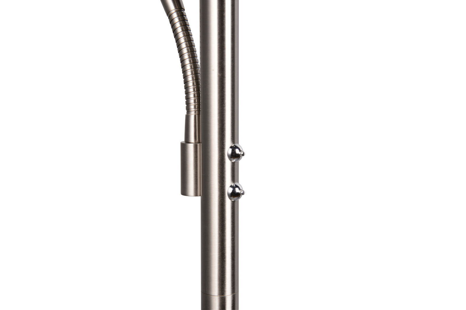 Nahaufnahme einer Stehleuchte mit flexiblem Lesearm und zwei Schaltern, seitliche Perspektive.