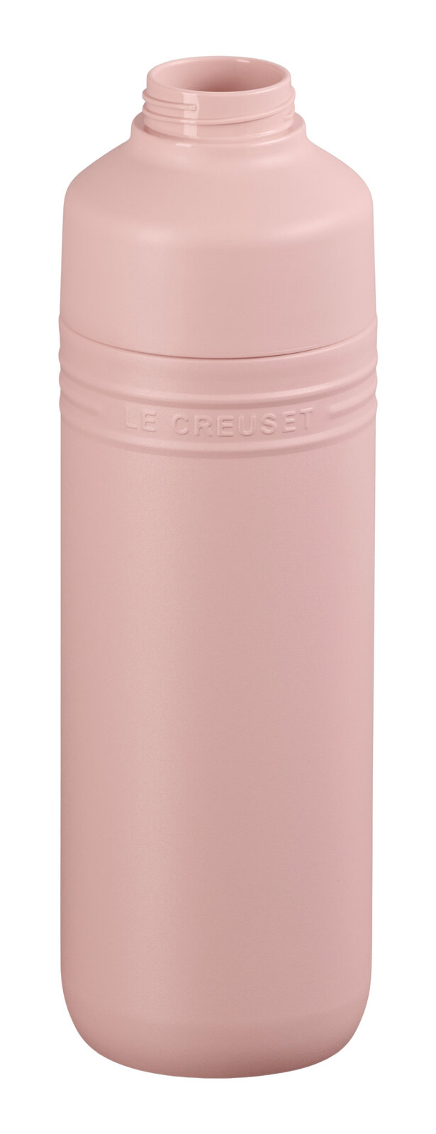 Rosa Trinkflasche aus Metall mit geprägtem Logo, Ansicht von vorne