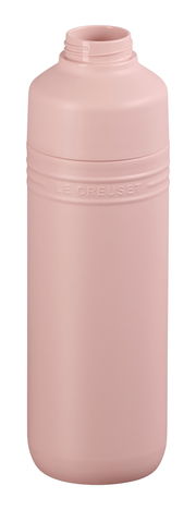 Rosa Trinkflasche aus Metall mit geprägtem Logo, Ansicht von vorne