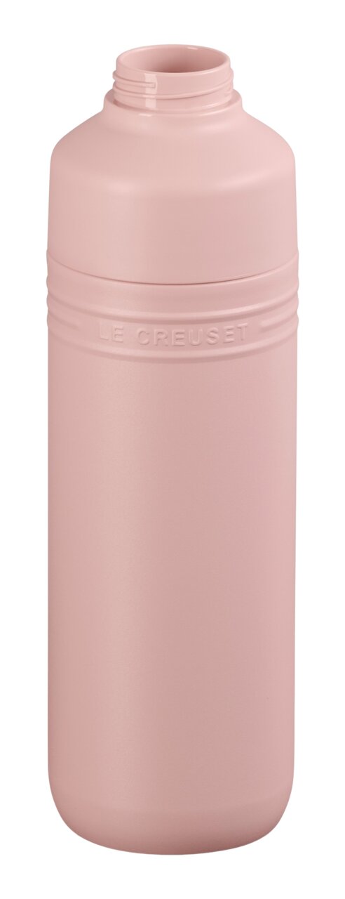 Rosa Trinkflasche aus Metall mit geprägtem Logo, Ansicht von vorne