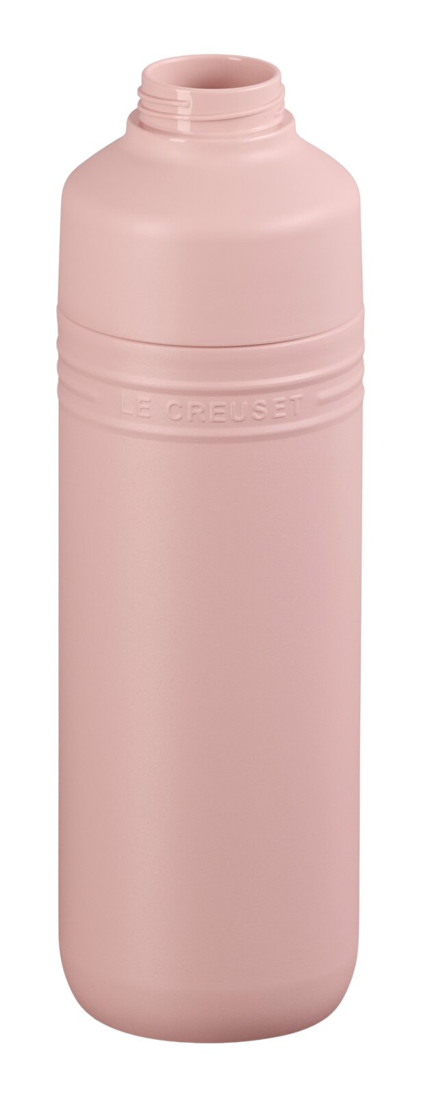 Rosa Trinkflasche aus Metall mit geprägtem Logo, Ansicht von vorne