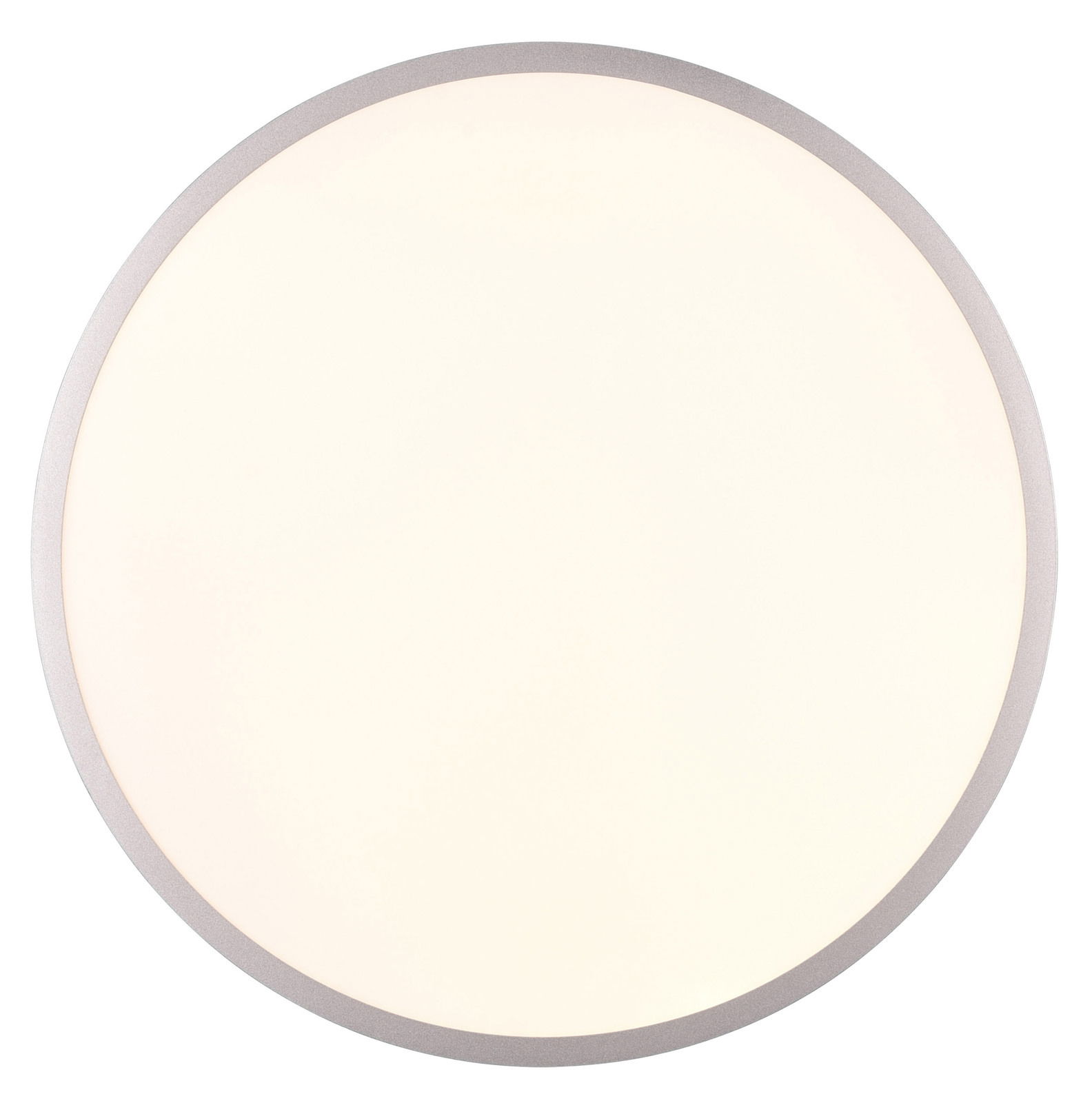 Runde Deckenleuchte YUMA in Draufsicht mit schlichtem, modernem Design und silbernem Rand.