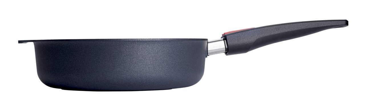 Guss-Hochrandpfanne 24cm Diamo, seitliche Ansicht mit langem Griff