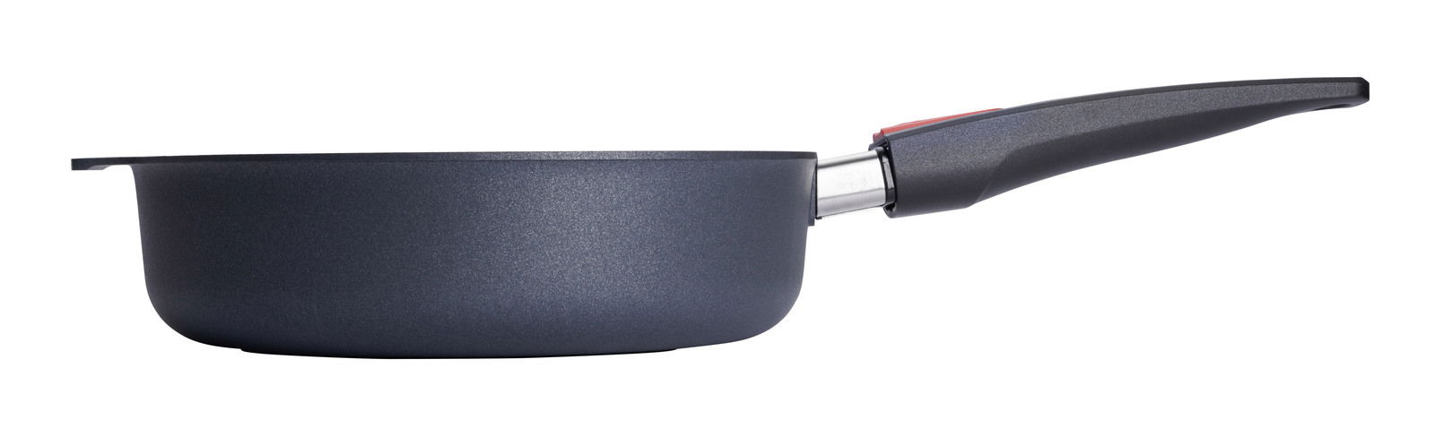 Guss-Hochrandpfanne 24cm Diamo, seitliche Ansicht mit langem Griff