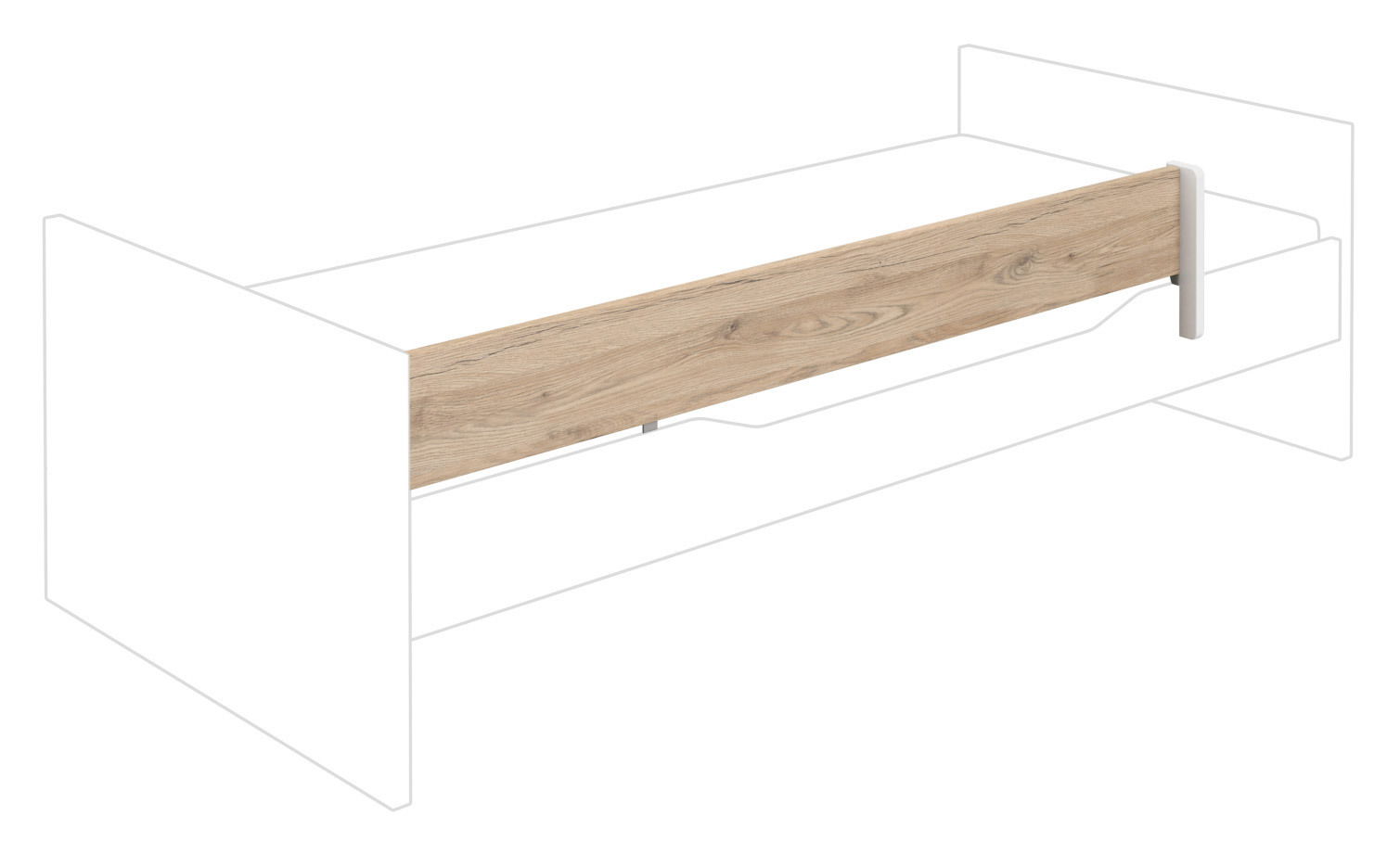 Absturzsicherung aus Holz in Seitenansicht, montiert an einem Bettgestell.