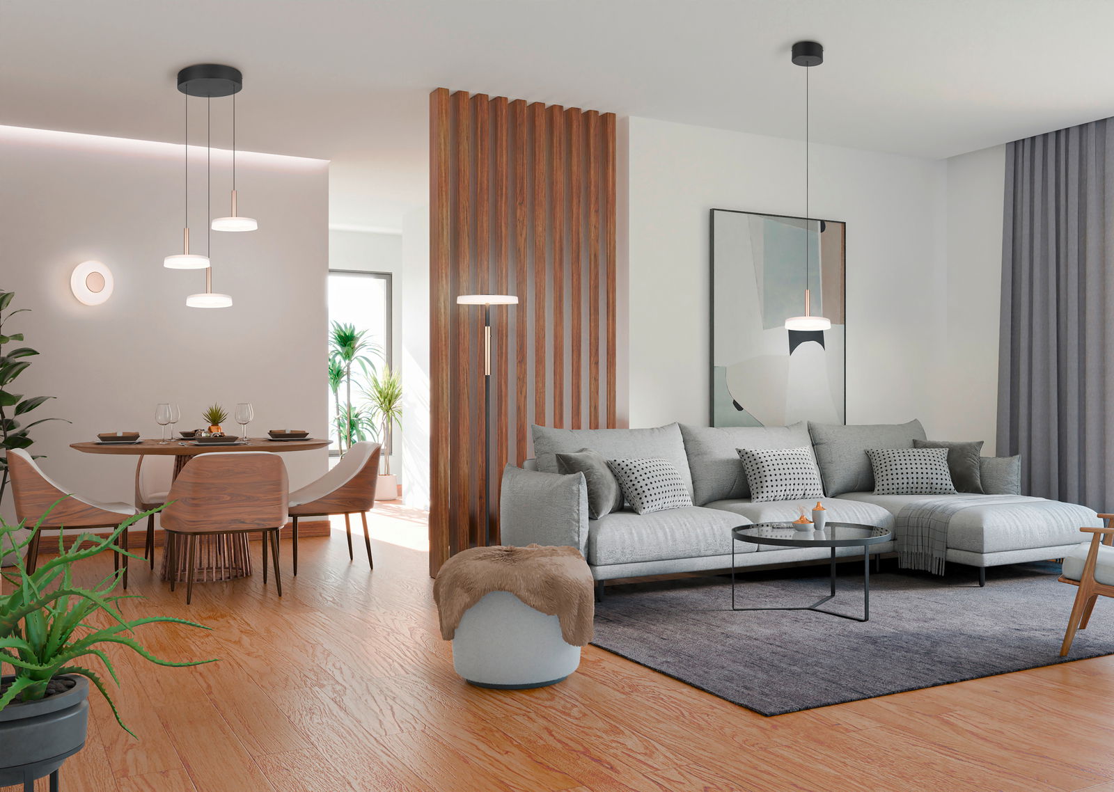 Moderne Pendelleuchte in einem stilvollen Wohnzimmer, Perspektive von der Seite