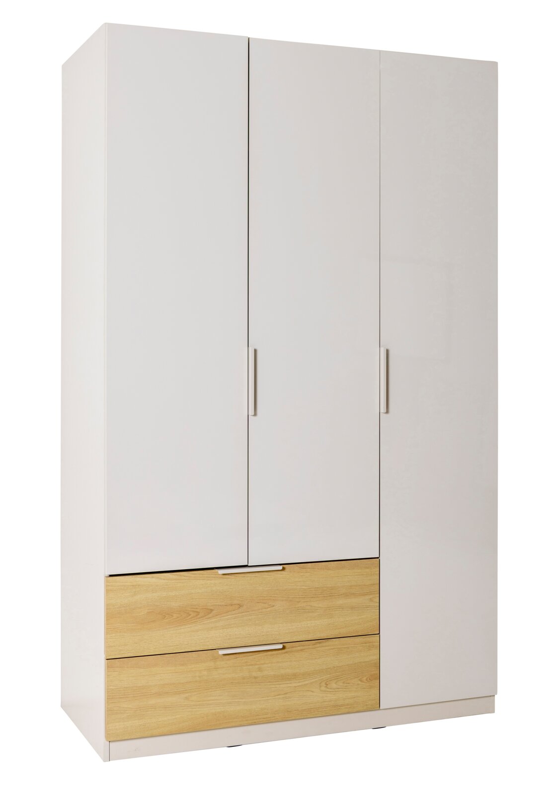 XORA Kleiderschrank MACCHIATO Weißer Kleiderschrank mit zwei Türen und zwei Schubladen in heller Holzoptik, mit schlichten Griffen, in leichter Frontansicht (minimal von links) freigestellt auf weißem Hintergrund.