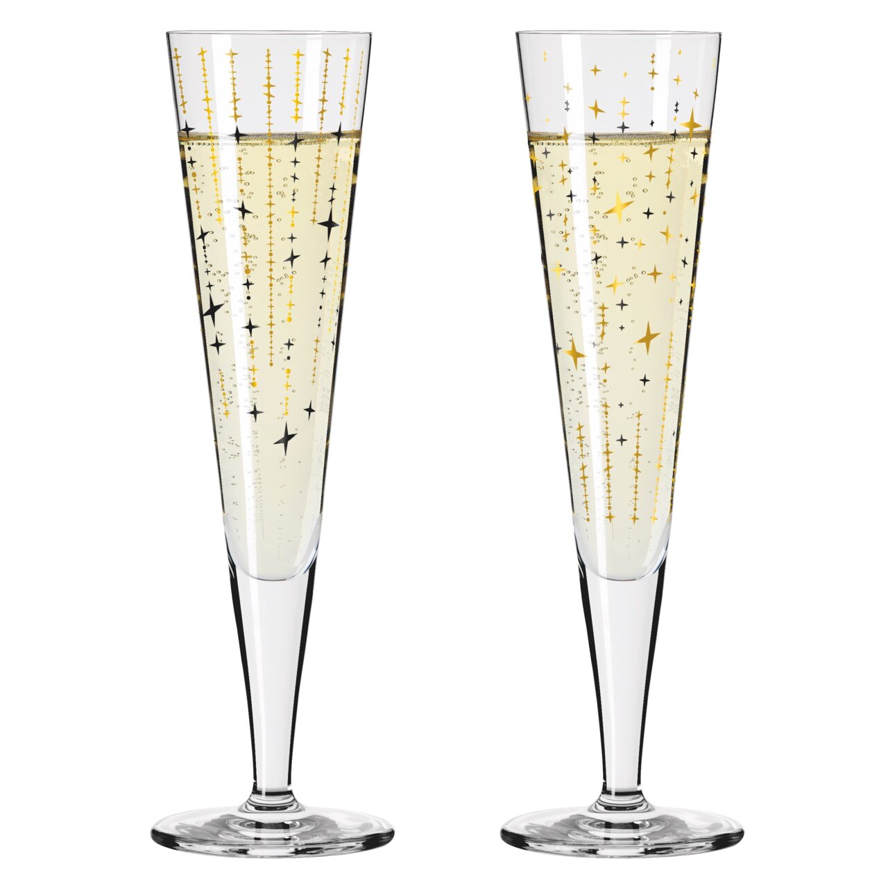 Zwei elegante Champagnergläser mit goldenen und schwarzen Sternmotiven, gefüllt mit sprudelndem Getränk, frontal abgebildet.