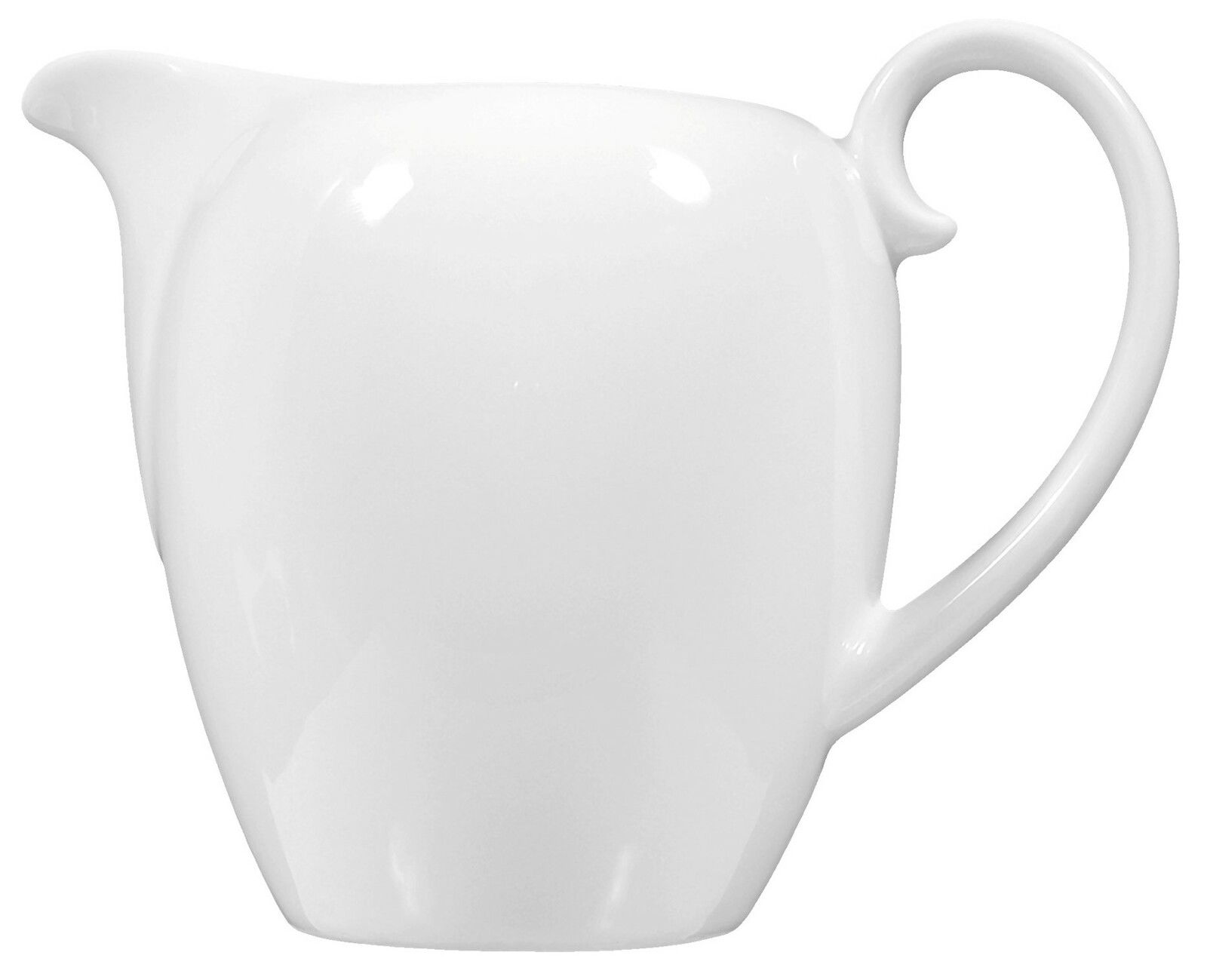 Weißes Milchkännchen aus Porzellan, seitliche Ansicht mit elegantem Henkel und Ausguss.