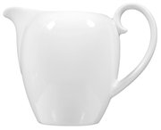 Wit porseleinen melkkannetje, zijaanzicht met elegante handgreep en tuit.