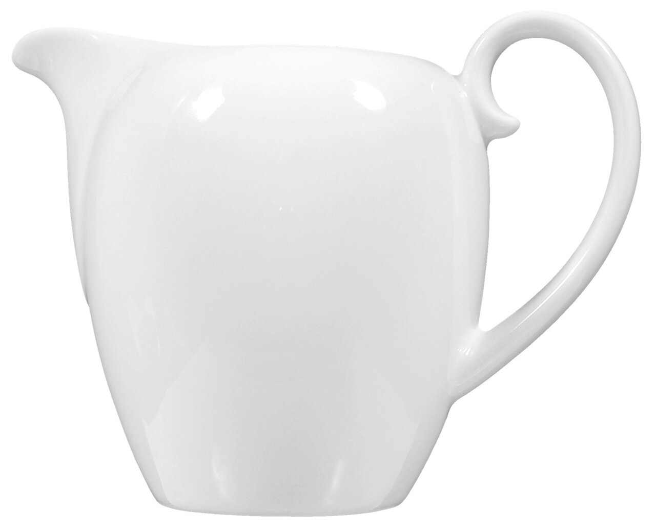 Wit porseleinen melkkannetje, zijaanzicht met elegante handgreep en tuit.