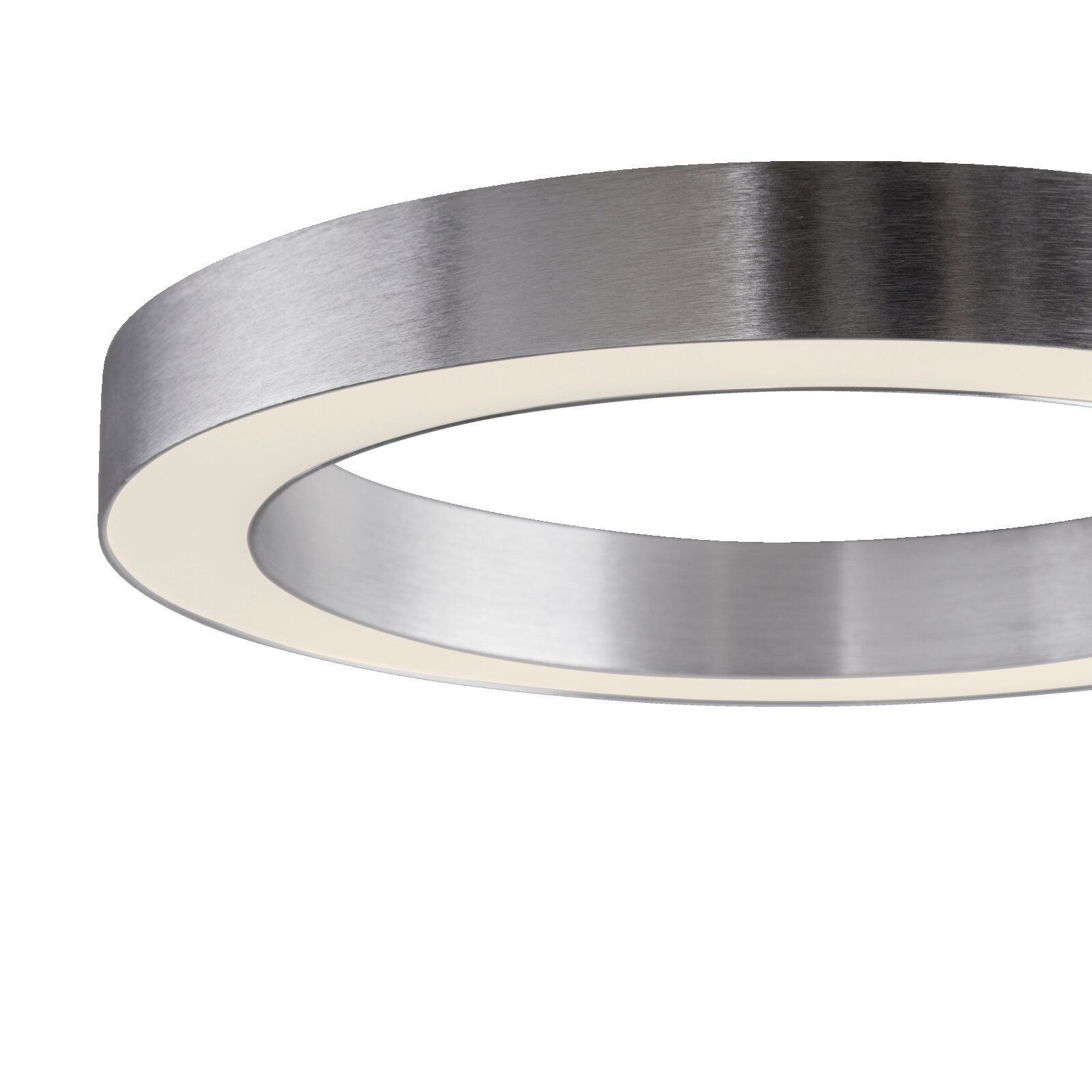 Moderne LED-Deckenleuchte aus gebürstetem Metall, seitliche Perspektive