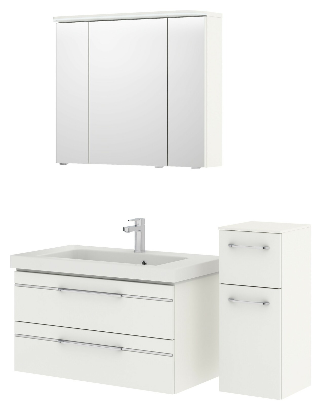 Pelipal Badblok BALTO SPRINT Weißer Badblock bestehend aus einem Spiegelschrank, einem Waschbeckenunterschrank mit zwei Schubladen und einem hohen Schrank mit zwei Türen, frontal abgebildet.