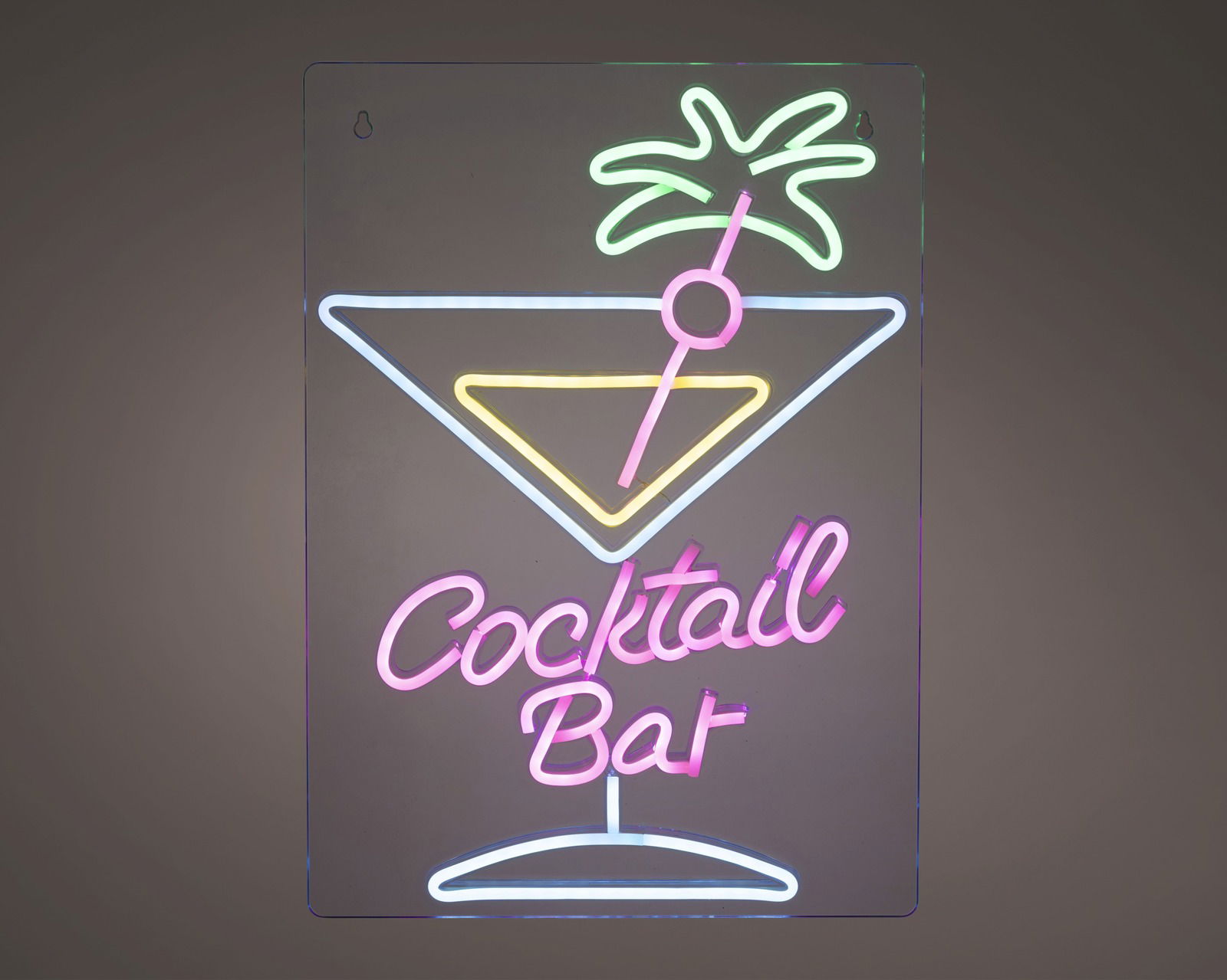 LED Neonlicht mit Cocktailglas und Palme, Aufschrift 'Cocktail Bar', frontal betrachtet