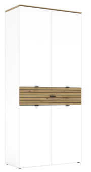 Hochformatiger XL-Schuhschrank mit weißen Türen und einem mittleren Abschnitt aus Holzlamellen, Frontalansicht.