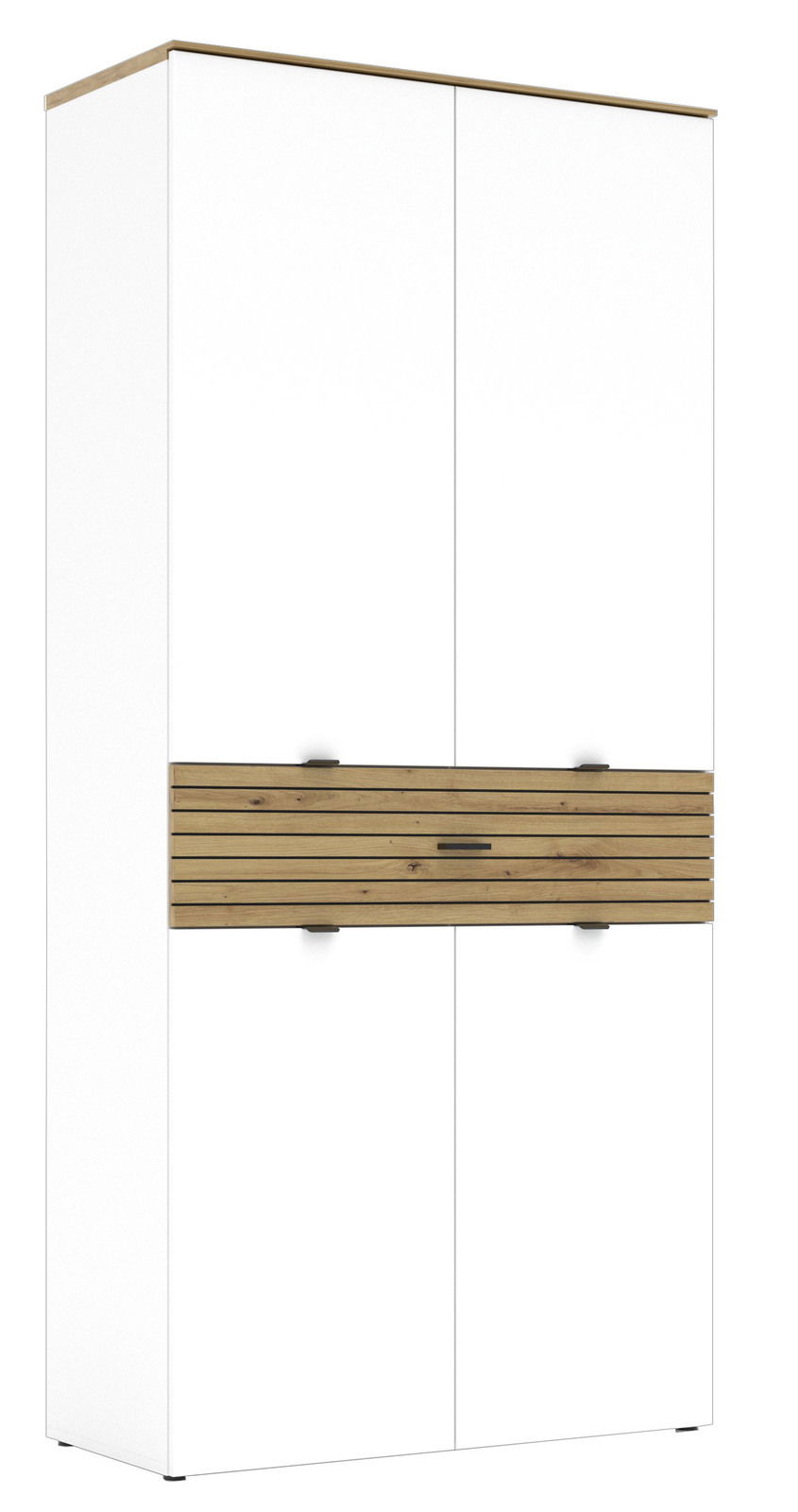 Hochformatiger XL-Schuhschrank mit weißen Türen und einem mittleren Abschnitt aus Holzlamellen, Frontalansicht.
