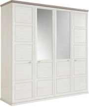 Drehtürenschrank 4-türig in heller Holzoptik mit zwei Spiegeltüren, seitliche Perspektive