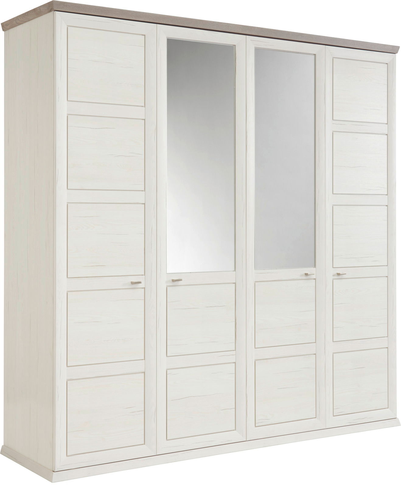 Drehtürenschrank 4-türig in heller Holzoptik mit zwei Spiegeltüren, seitliche Perspektive
