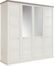 Drehtürenschrank 4-türig in heller Holzoptik mit zwei Spiegeltüren, seitliche Perspektive