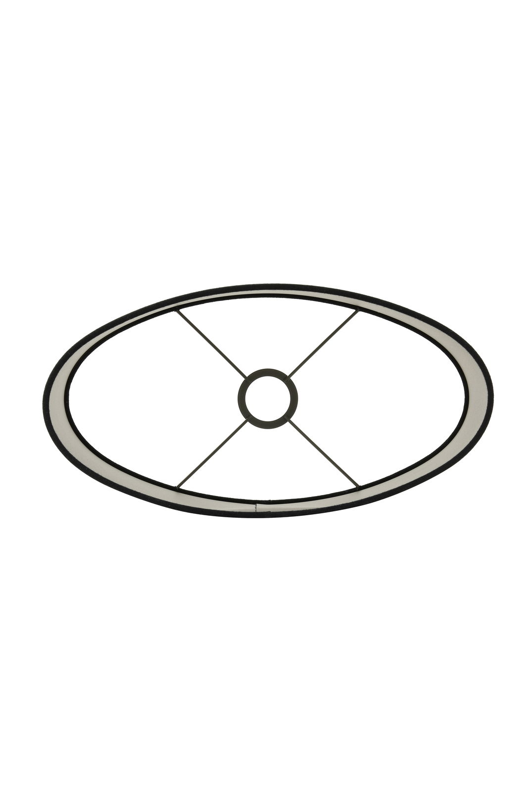 Ovaler Lampenschirm von oben betrachtet, mit Metallstreben und zentraler Halterung.