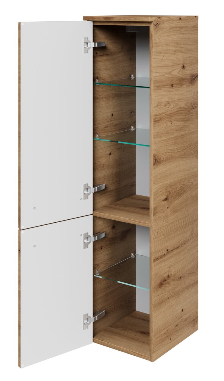 Sadena Midischrank PLAKA Midischrank aus Holz mit zwei offenen Türen, Glasböden und einer modernen, minimalistischen Optik. Perspektive von vorne links.