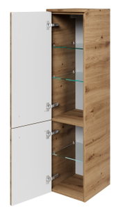 Houten midi-kast met twee open deuren, glazen planken en een moderne, minimalistische uitstraling. Aanzicht van linksvoor.