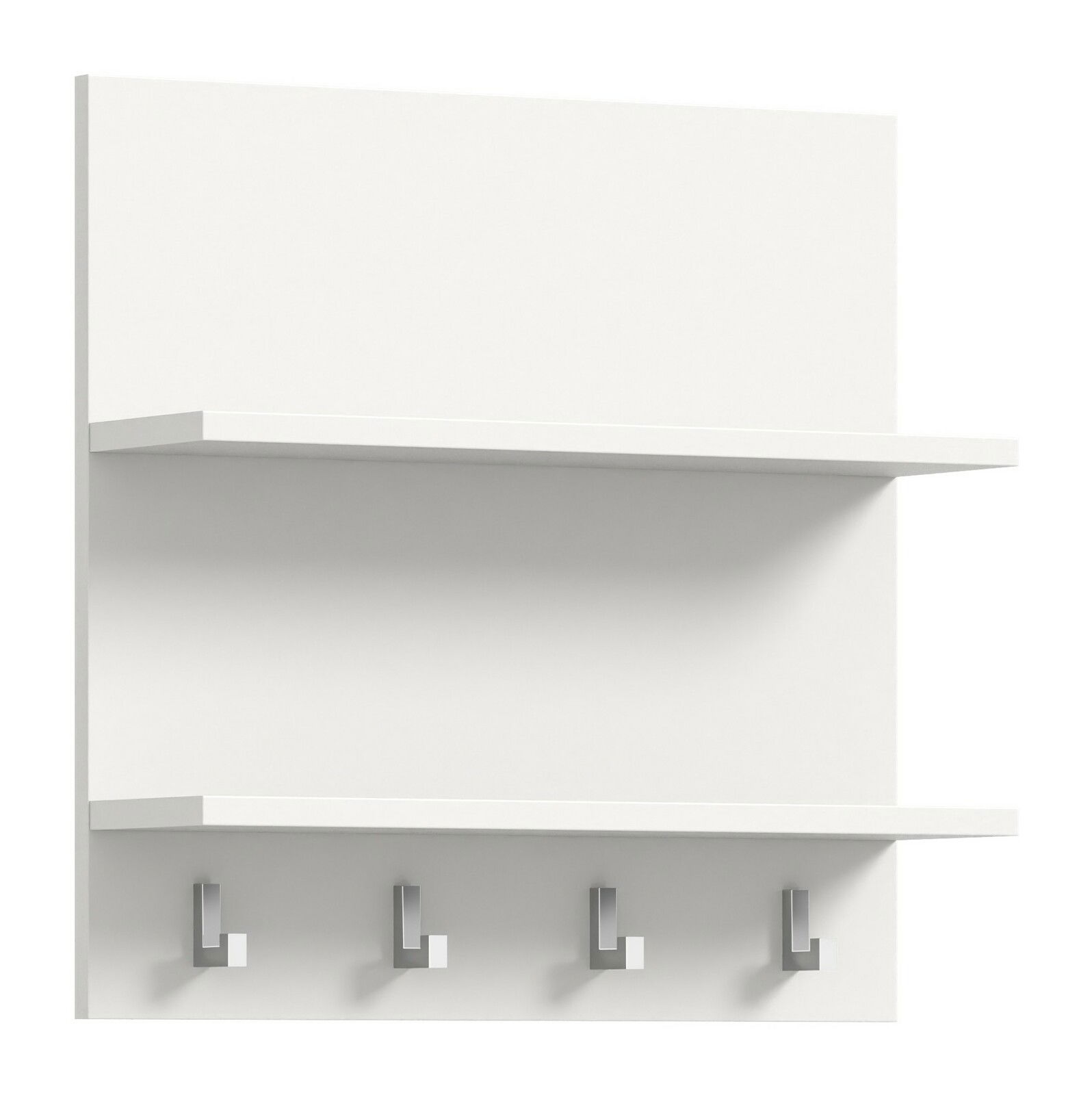 Weißes Wandpaneel mit zwei Regalböden und vier Haken, frontale Ansicht
