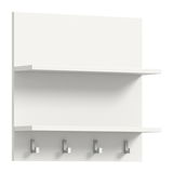 Weißes Wandpaneel mit zwei Regalböden und vier Haken, frontale Ansicht