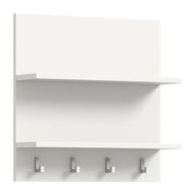 Weißes Wandpaneel mit zwei Regalböden und vier Haken, frontale Ansicht