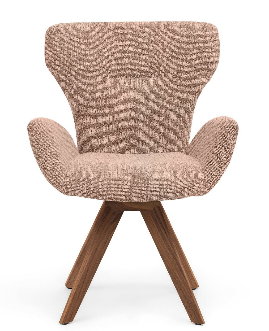 Vorderansicht eines modernen Armlehnstuhls mit rosa Stoffbezug und Holzbeinen.