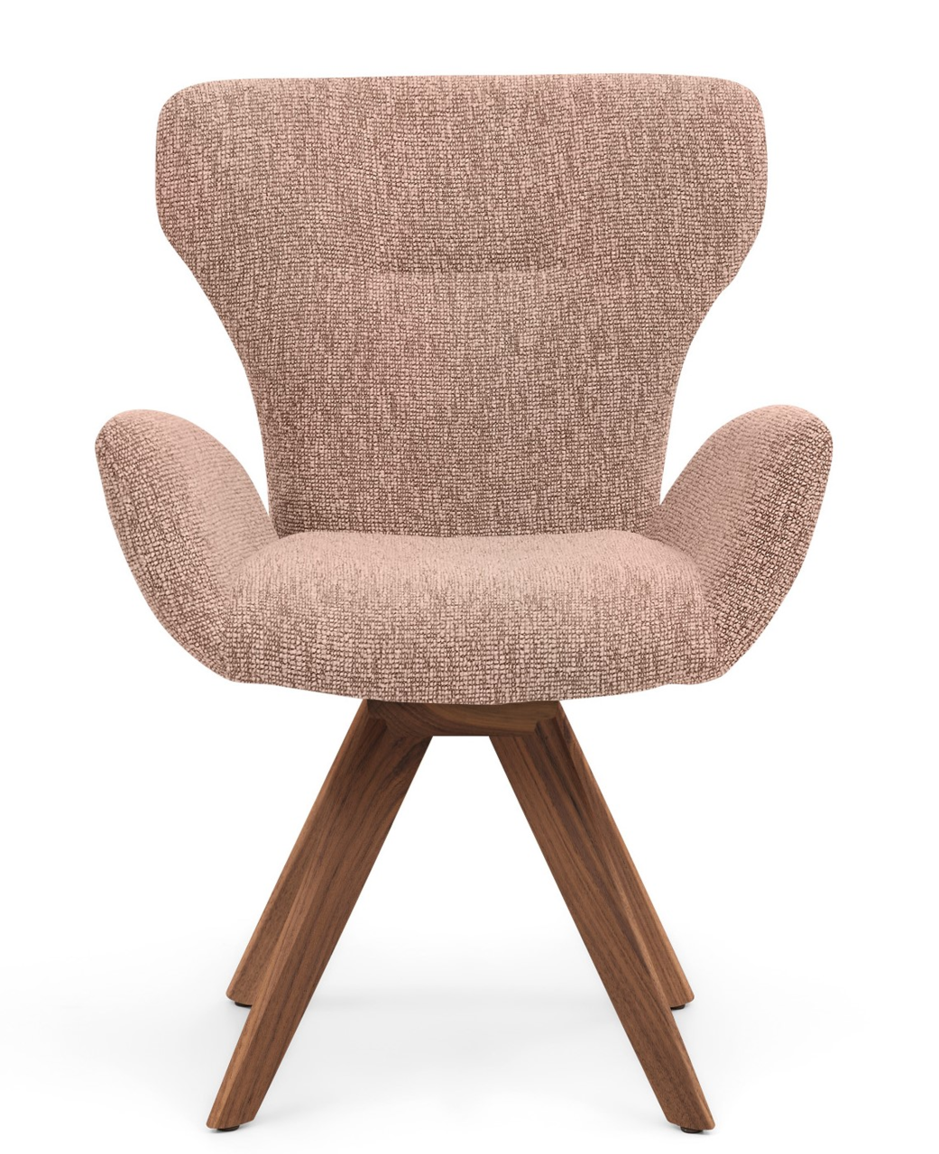 Vorderansicht eines modernen Armlehnstuhls mit rosa Stoffbezug und Holzbeinen.