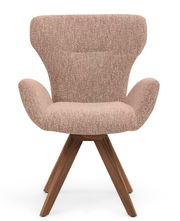 Vorderansicht eines modernen Armlehnstuhls mit rosa Stoffbezug und Holzbeinen.